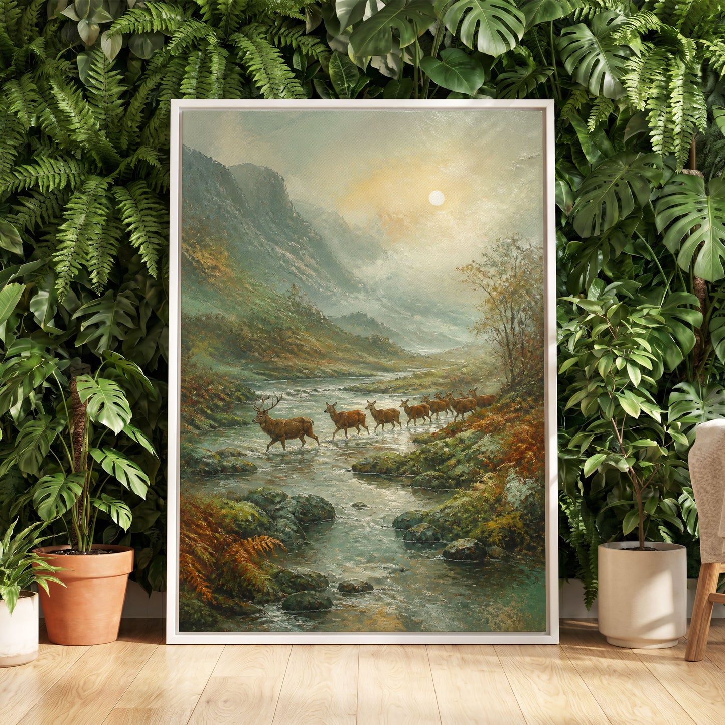 Stags in the Mountain Mist, green, brown, gray nature wall art displayed in a styled interior, gallery view 5