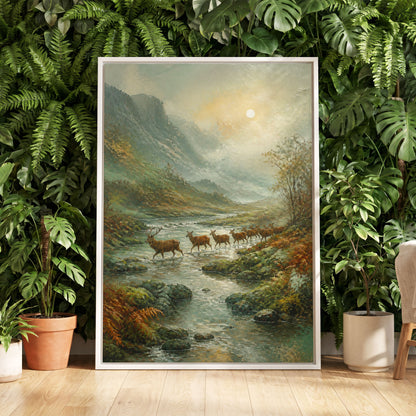Stags in the Mountain Mist, green, brown, gray nature wall art displayed in a styled interior, gallery view 5