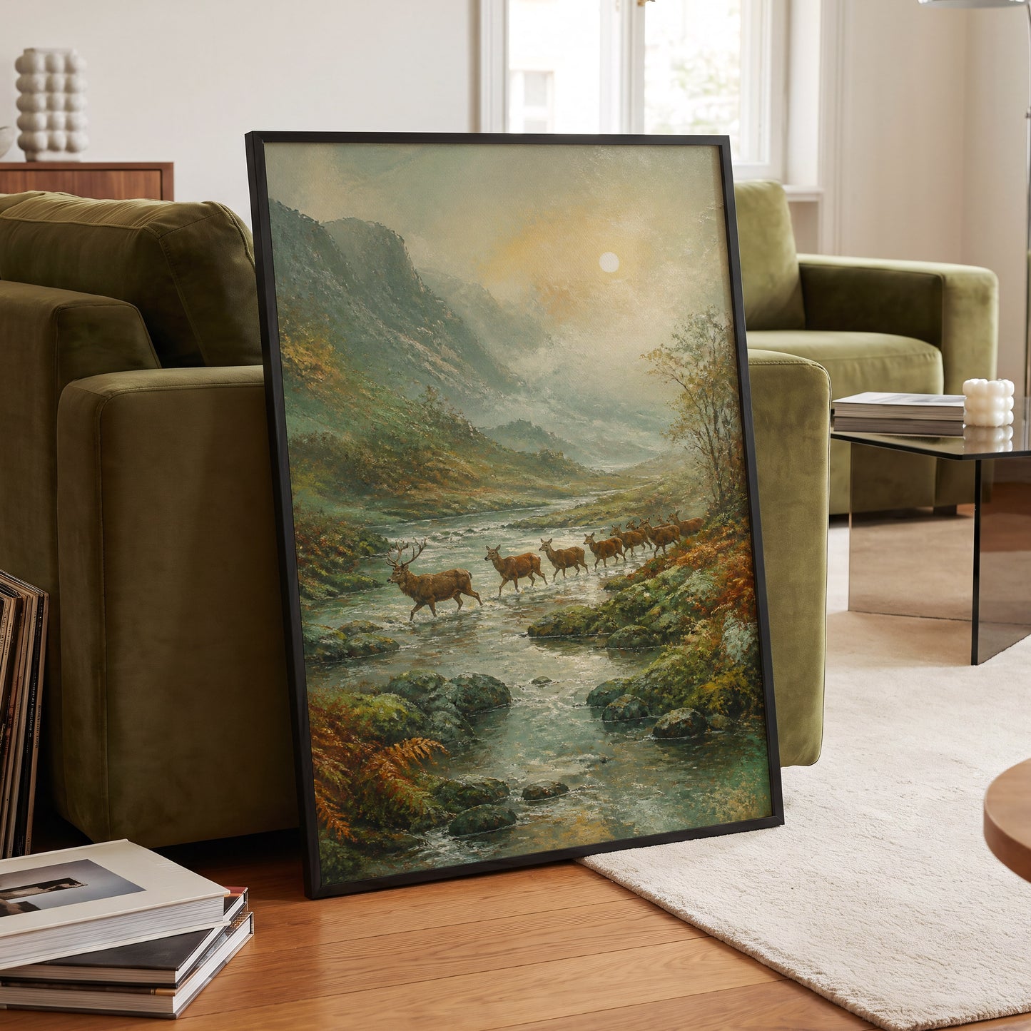Stags in the Mountain Mist, green, brown, gray nature wall art displayed in a styled interior, gallery view 6