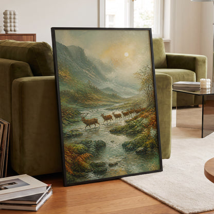 Stags in the Mountain Mist, green, brown, gray nature wall art displayed in a styled interior, gallery view 6
