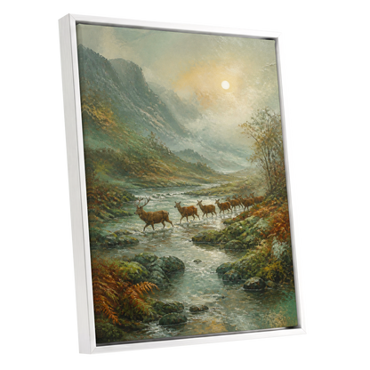 Stags in the Mountain Mist, green, brown, gray nature wall art shown as a white framed canvas wall art