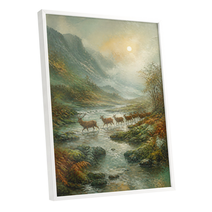 Stags in the Mountain Mist, green, brown, gray nature wall art shown as a white framed poster wall art print
