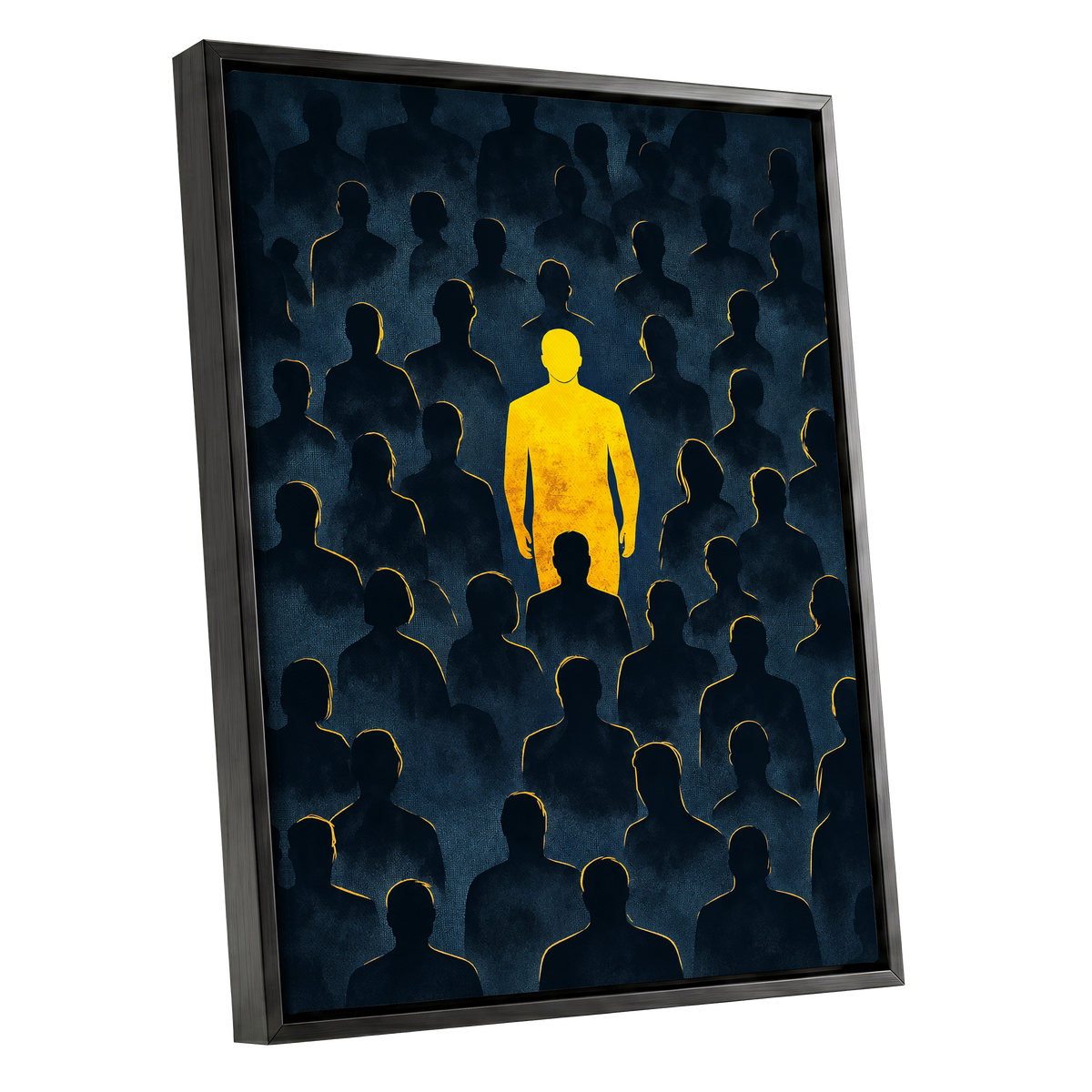 Stand Apart, black, blue, yellow minimalist wall art shown as a black framed canvas wall art