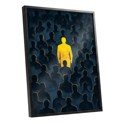 Stand Apart, black, blue, yellow minimalist wall art shown as a black framed poster wall art print