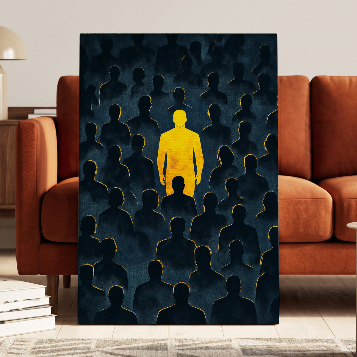 Stand Apart, black, blue, yellow minimalist wall art on canvas displayed in a styled interior, gallery view 1