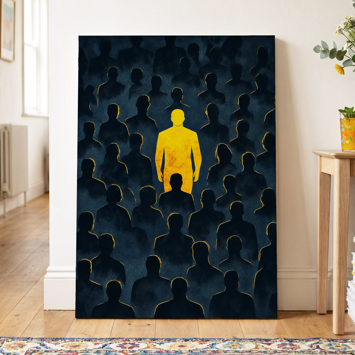 Stand Apart, black, blue, yellow minimalist wall art on canvas displayed in a styled interior, gallery view 2