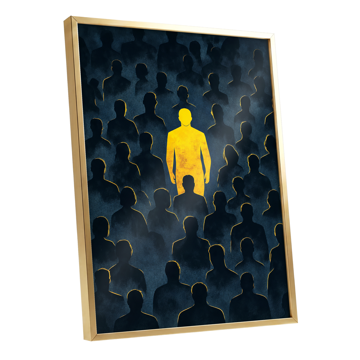 Stand Apart, black, blue, yellow minimalist wall art shown as a gold framed poster wall art print