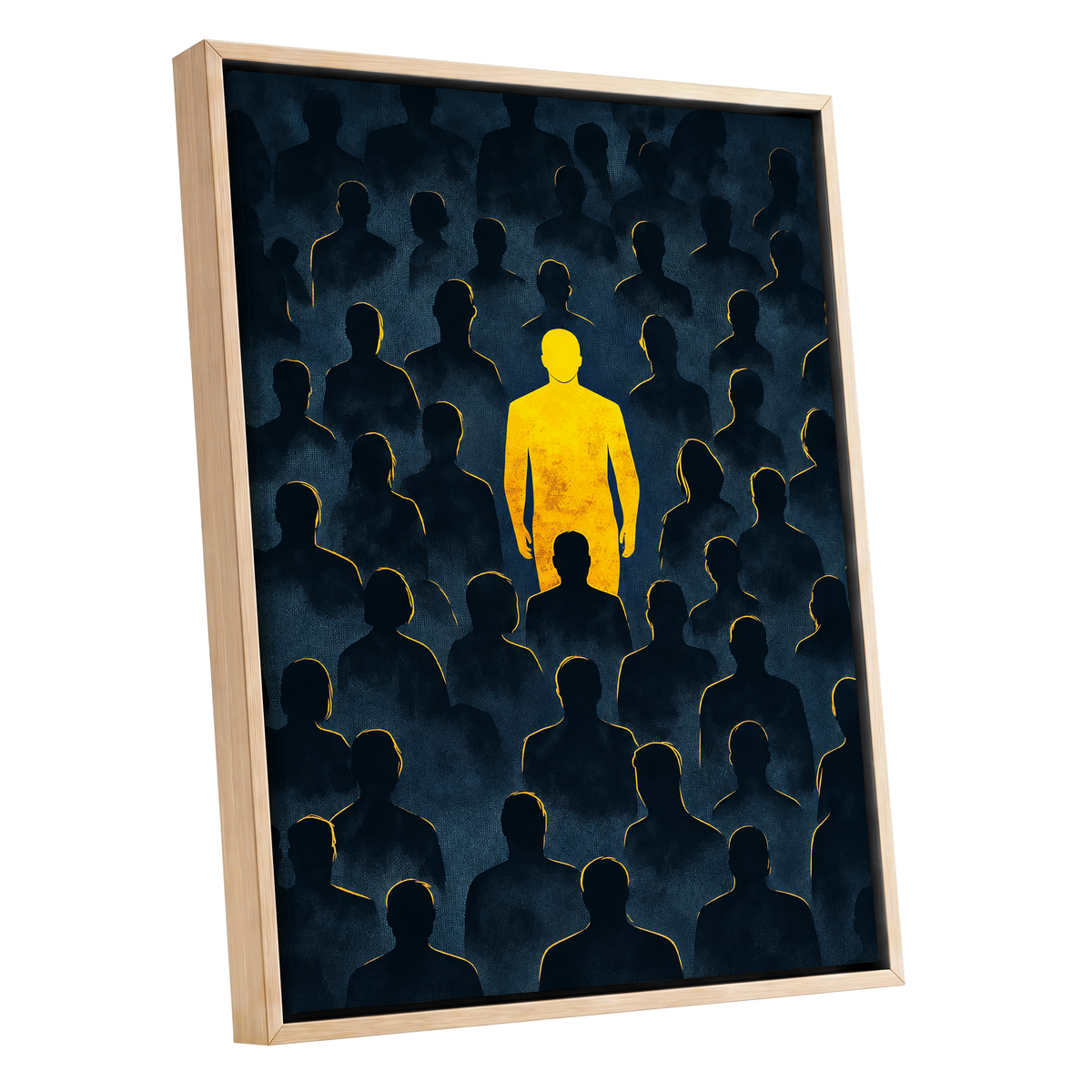 Stand Apart, black, blue, yellow minimalist wall art shown as a oak framed canvas wall art