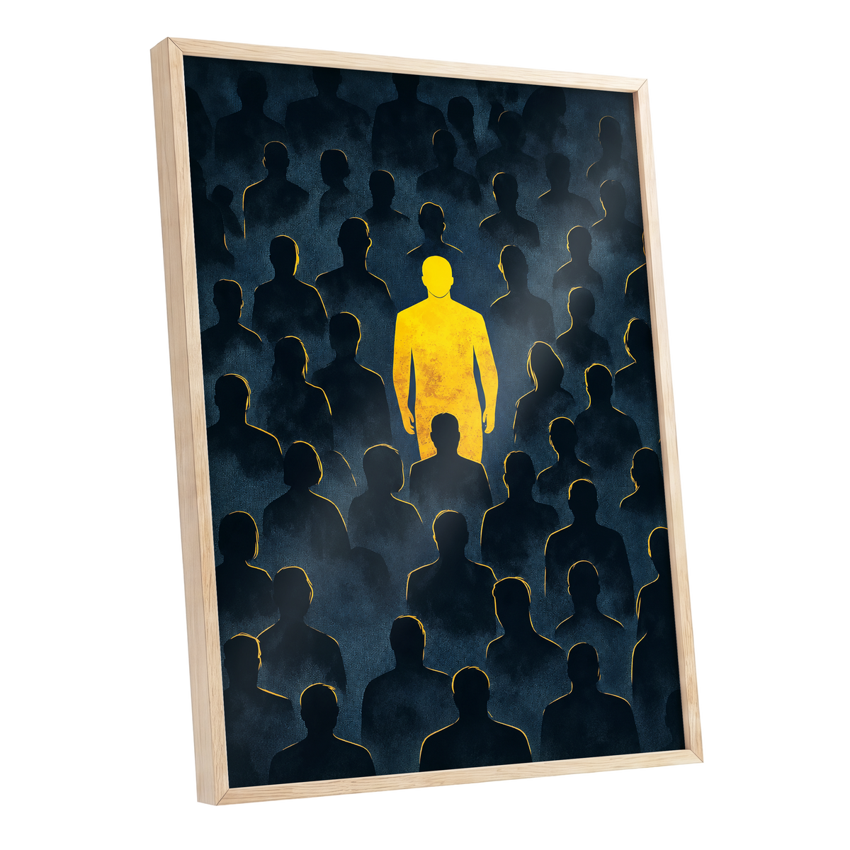 Stand Apart, black, blue, yellow minimalist wall art shown as a oak framed poster wall art print