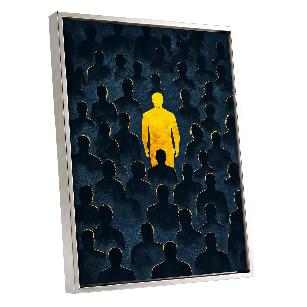 Stand Apart, black, blue, yellow minimalist wall art shown as a silver framed canvas wall art