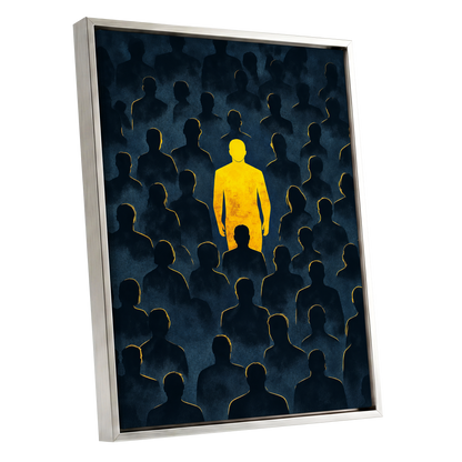 Stand Apart, black, blue, yellow minimalist wall art shown as a silver framed canvas wall art