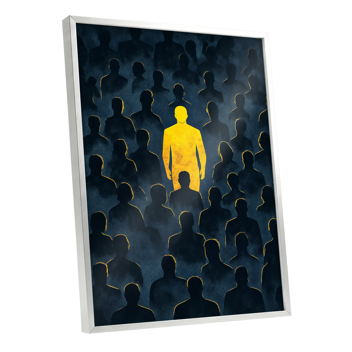 Stand Apart, black, blue, yellow minimalist wall art shown as a silver framed poster wall art print