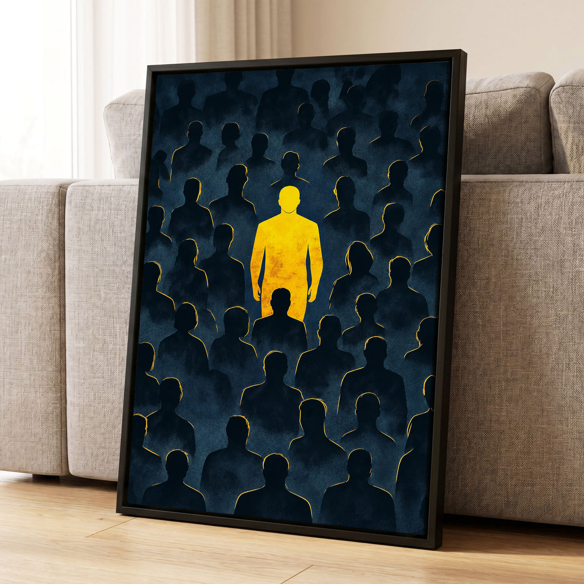 Stand Apart, black, blue, yellow minimalist wall art displayed in a styled interior, gallery view 1