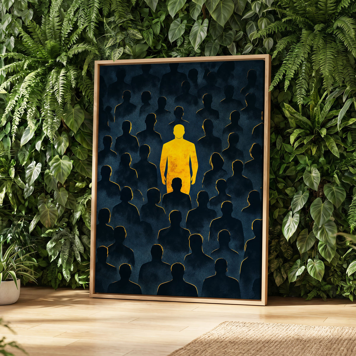Stand Apart, black, blue, yellow minimalist wall art displayed in a styled interior, gallery view 2