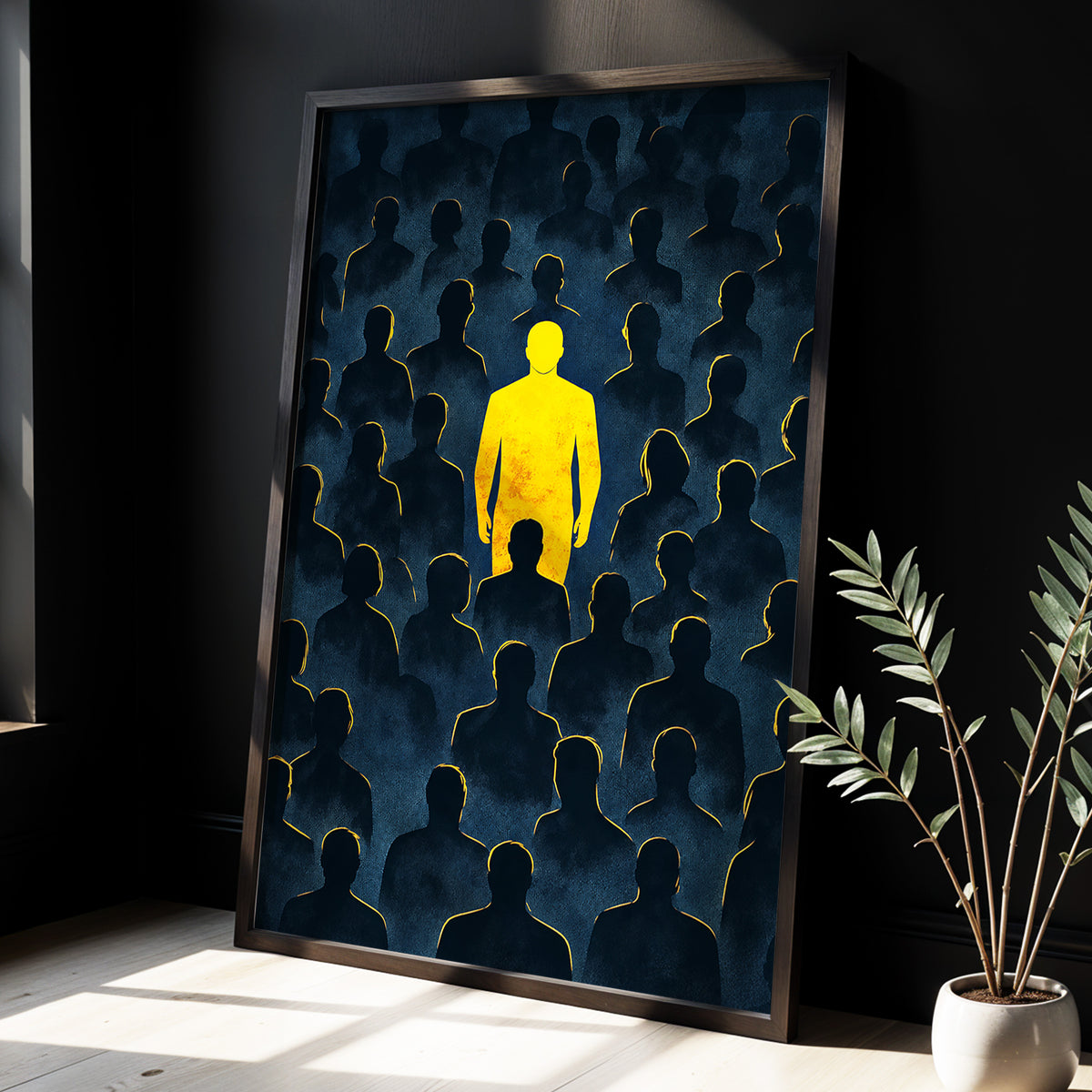 Stand Apart, black, blue, yellow minimalist wall art displayed in a styled interior, gallery view 3