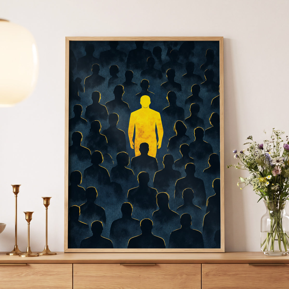 Stand Apart, black, blue, yellow minimalist wall art displayed in a styled interior, gallery view 4