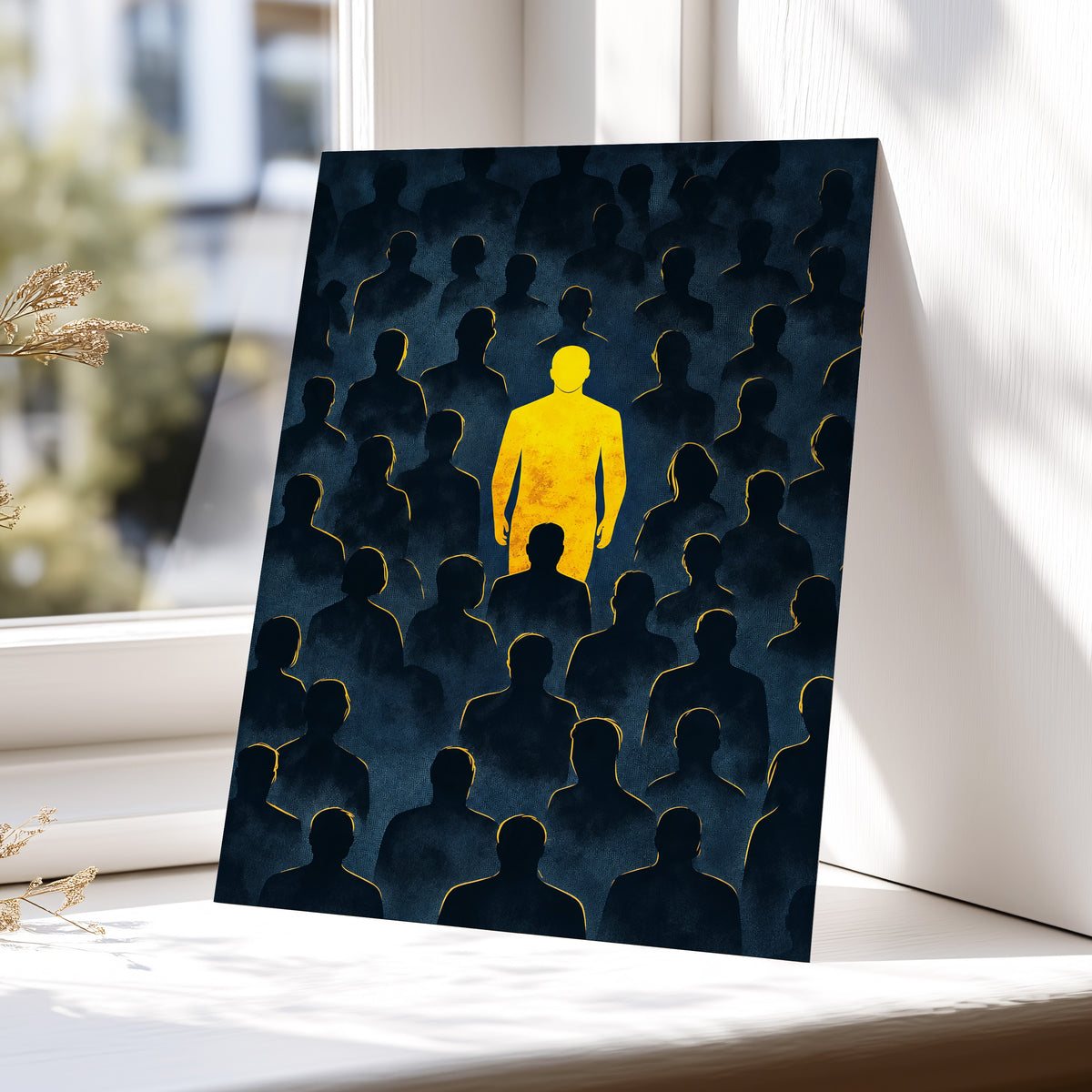 Stand Apart, black, blue, yellow minimalist wall art displayed in a styled interior, gallery view 5