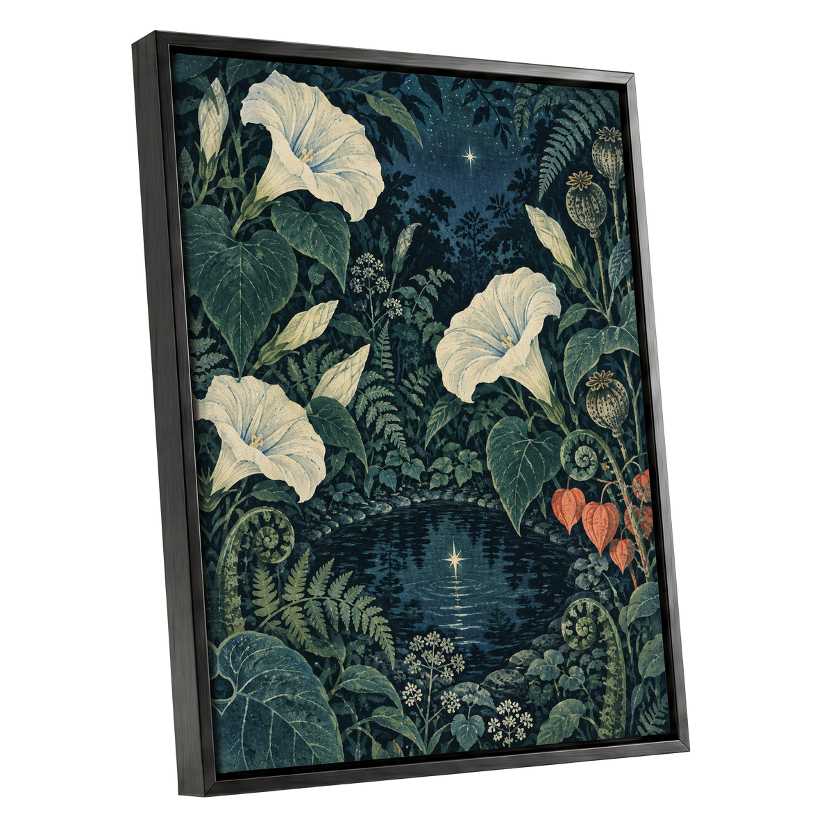 Starlit Botanical Pool, blue, green, beige floral wall art shown as a black framed canvas wall art