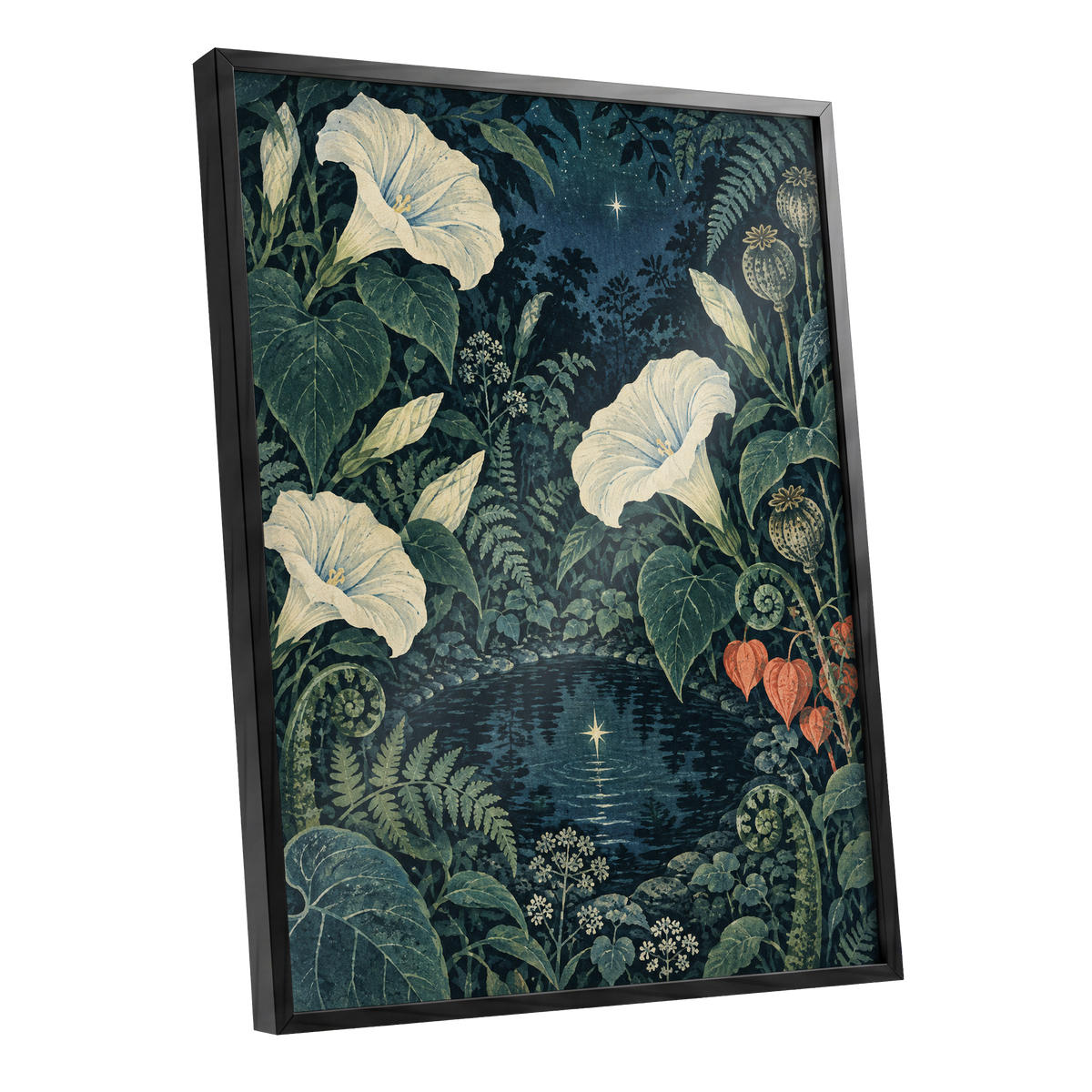 Starlit Botanical Pool, blue, green, beige floral wall art shown as a black framed poster wall art print