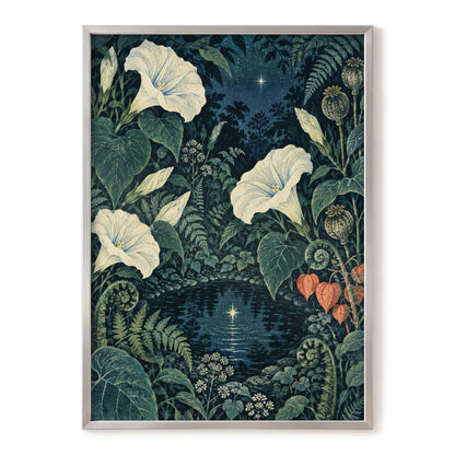 Starlit Botanical Pool, blue, green, beige floral wall art, front artwork view