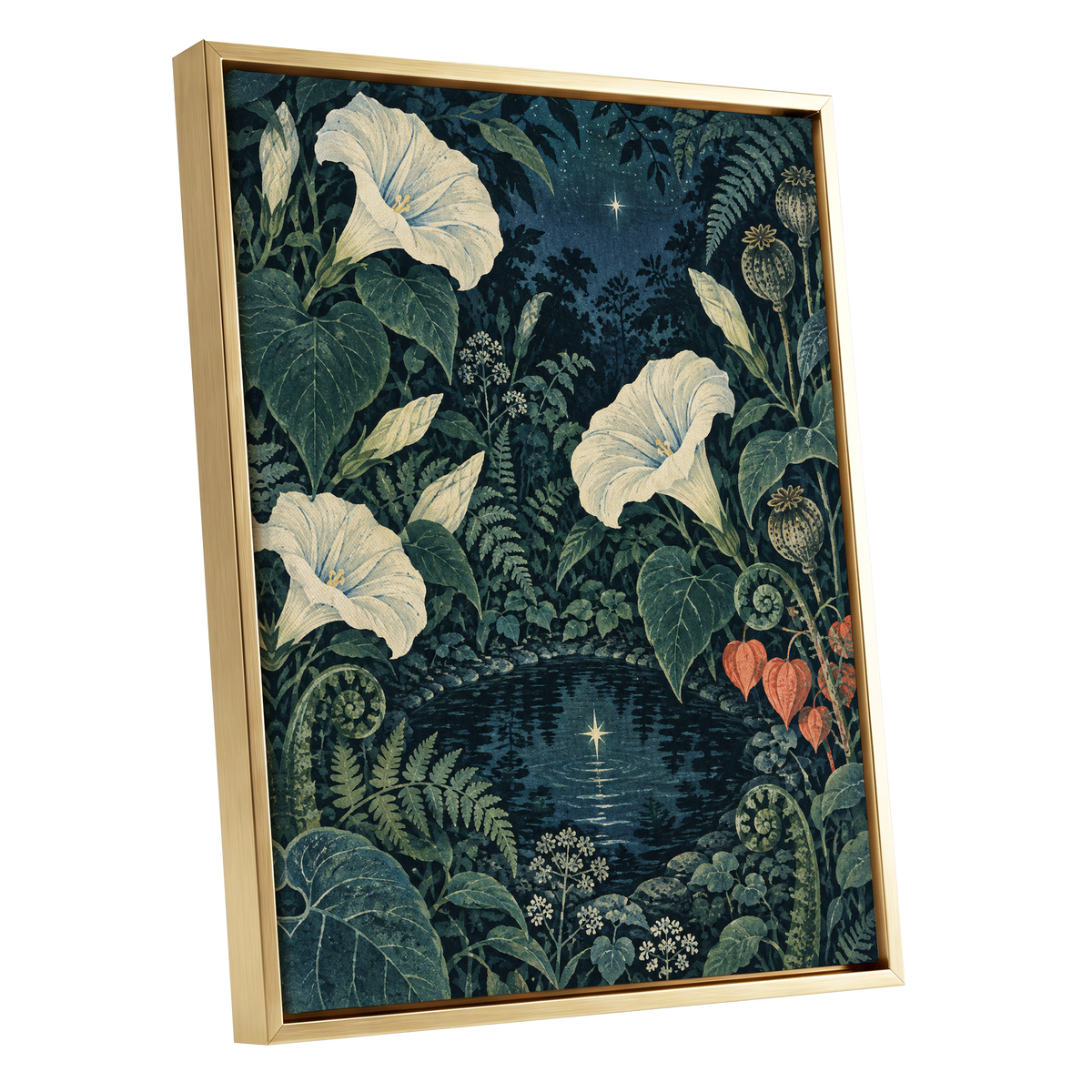 Starlit Botanical Pool, blue, green, beige floral wall art shown as a gold framed canvas wall art