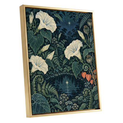 Starlit Botanical Pool, blue, green, beige floral wall art shown as a gold framed canvas wall art