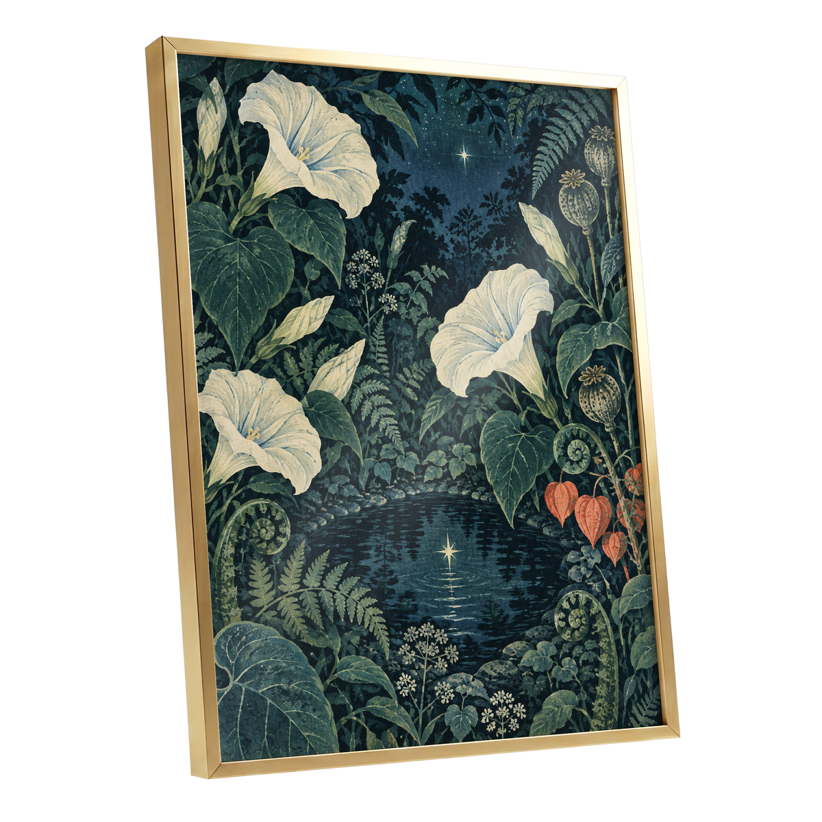 Starlit Botanical Pool, blue, green, beige floral wall art shown as a gold framed poster wall art print