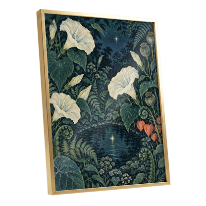 Starlit Botanical Pool, blue, green, beige floral wall art shown as a gold framed poster wall art print