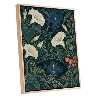 Starlit Botanical Pool, blue, green, beige floral wall art shown as a oak framed canvas wall art
