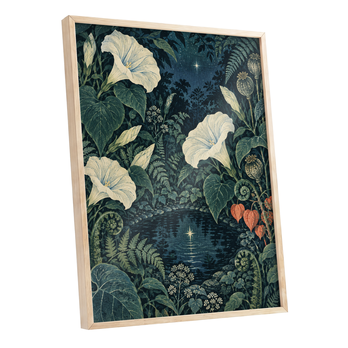 Starlit Botanical Pool, blue, green, beige floral wall art shown as a oak framed poster wall art print