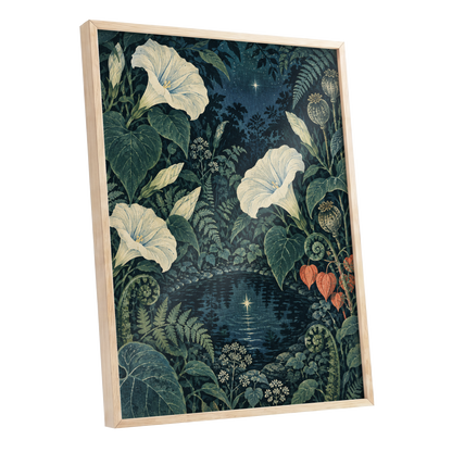 Starlit Botanical Pool, blue, green, beige floral wall art shown as a oak framed poster wall art print