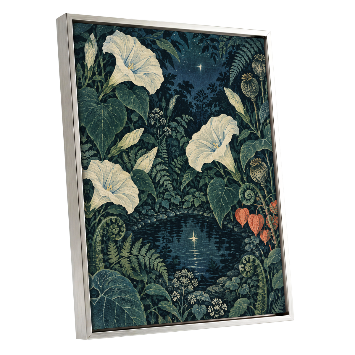 Starlit Botanical Pool, blue, green, beige floral wall art shown as a silver framed canvas wall art