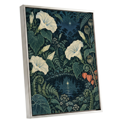 Starlit Botanical Pool, blue, green, beige floral wall art shown as a silver framed canvas wall art