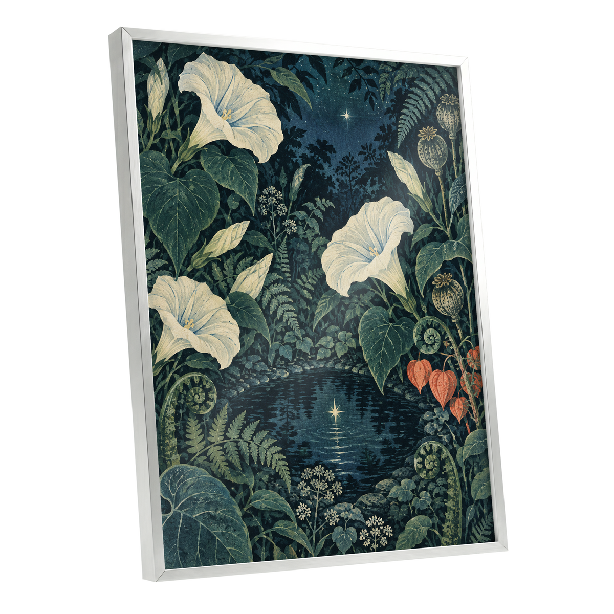 Starlit Botanical Pool, blue, green, beige floral wall art shown as a silver framed poster wall art print