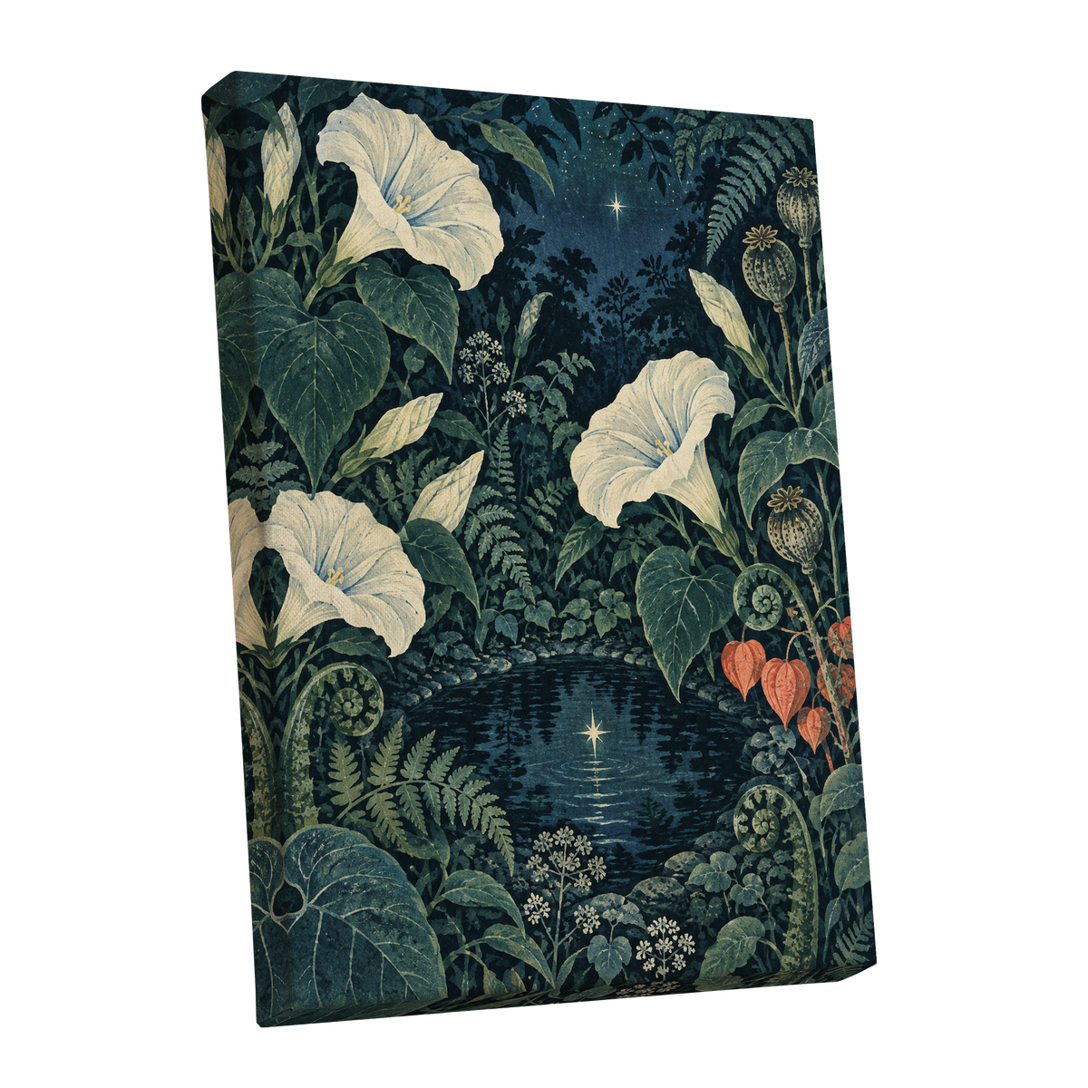 Starlit Botanical Pool, blue, green, beige floral wall art shown as a stretched canvas wall art