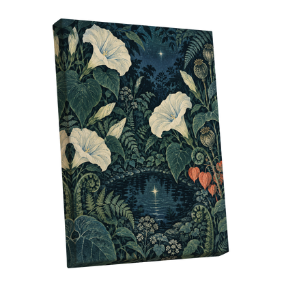 Starlit Botanical Pool, blue, green, beige floral wall art shown as a stretched canvas wall art