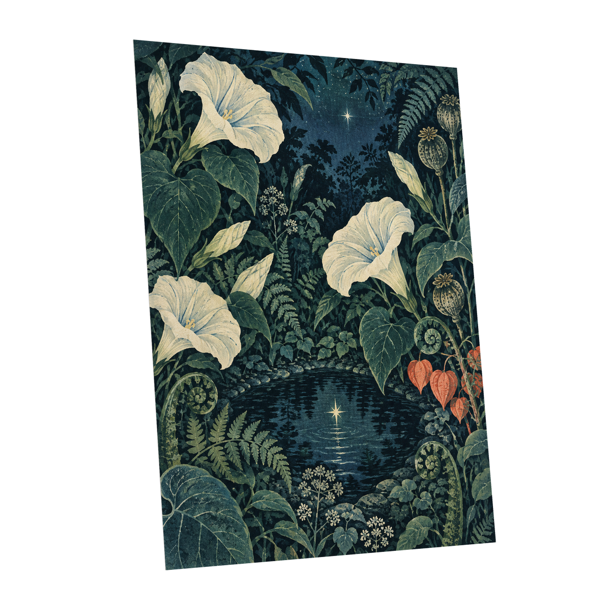 Starlit Botanical Pool, blue, green, beige floral wall art shown as a unframed poster wall art print