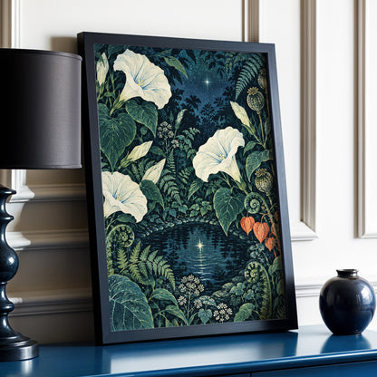Starlit Botanical Pool, blue, green, beige floral wall art displayed in a styled interior, gallery view 2