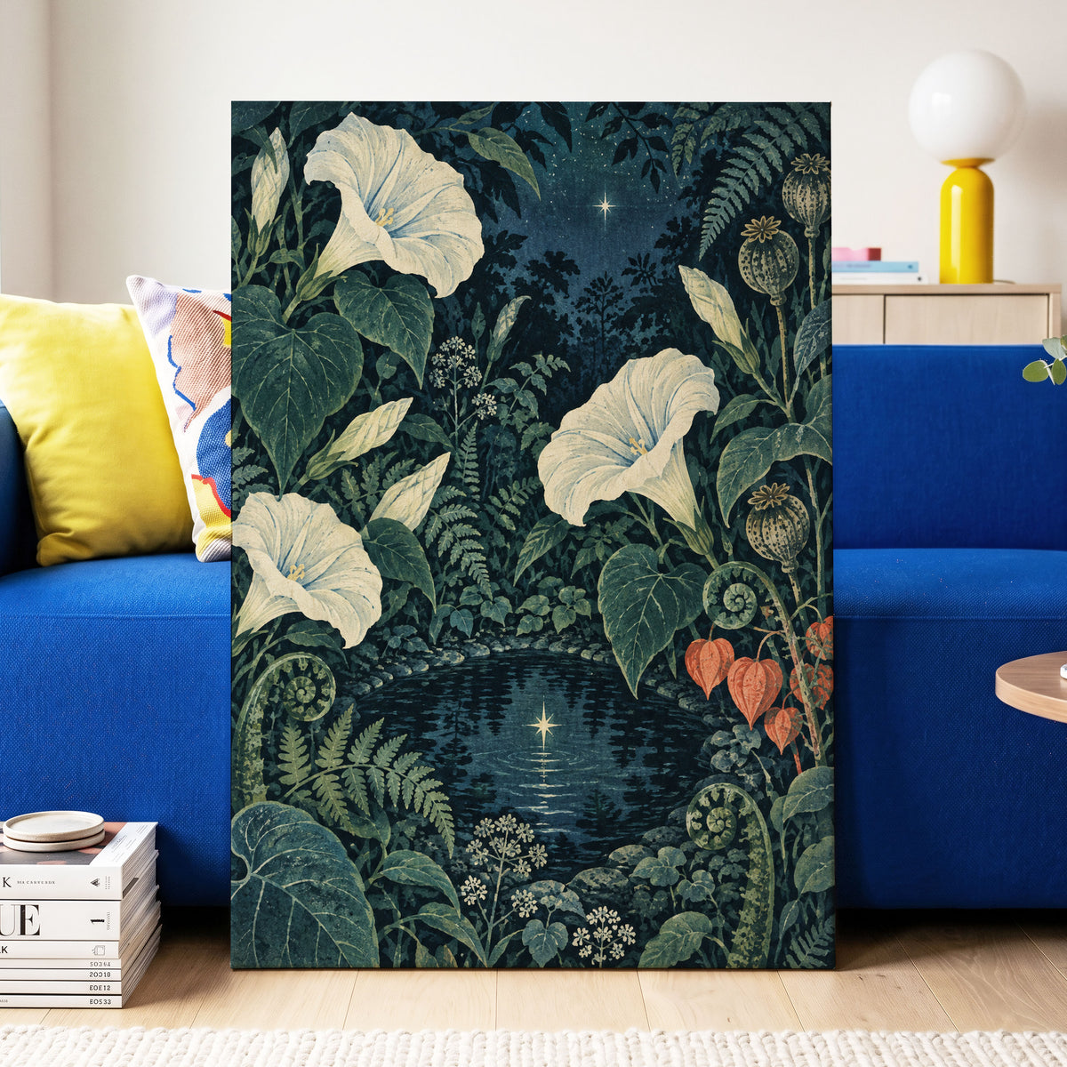 Starlit Botanical Pool, blue, green, beige floral wall art displayed in a styled interior, gallery view 3