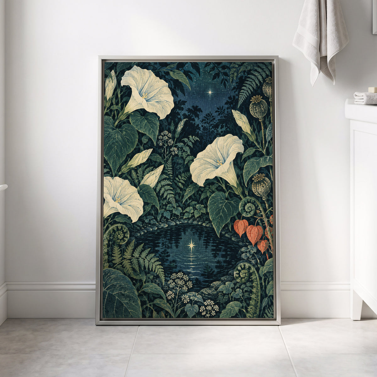 Starlit Botanical Pool, blue, green, beige floral wall art displayed in a styled interior, gallery view 4