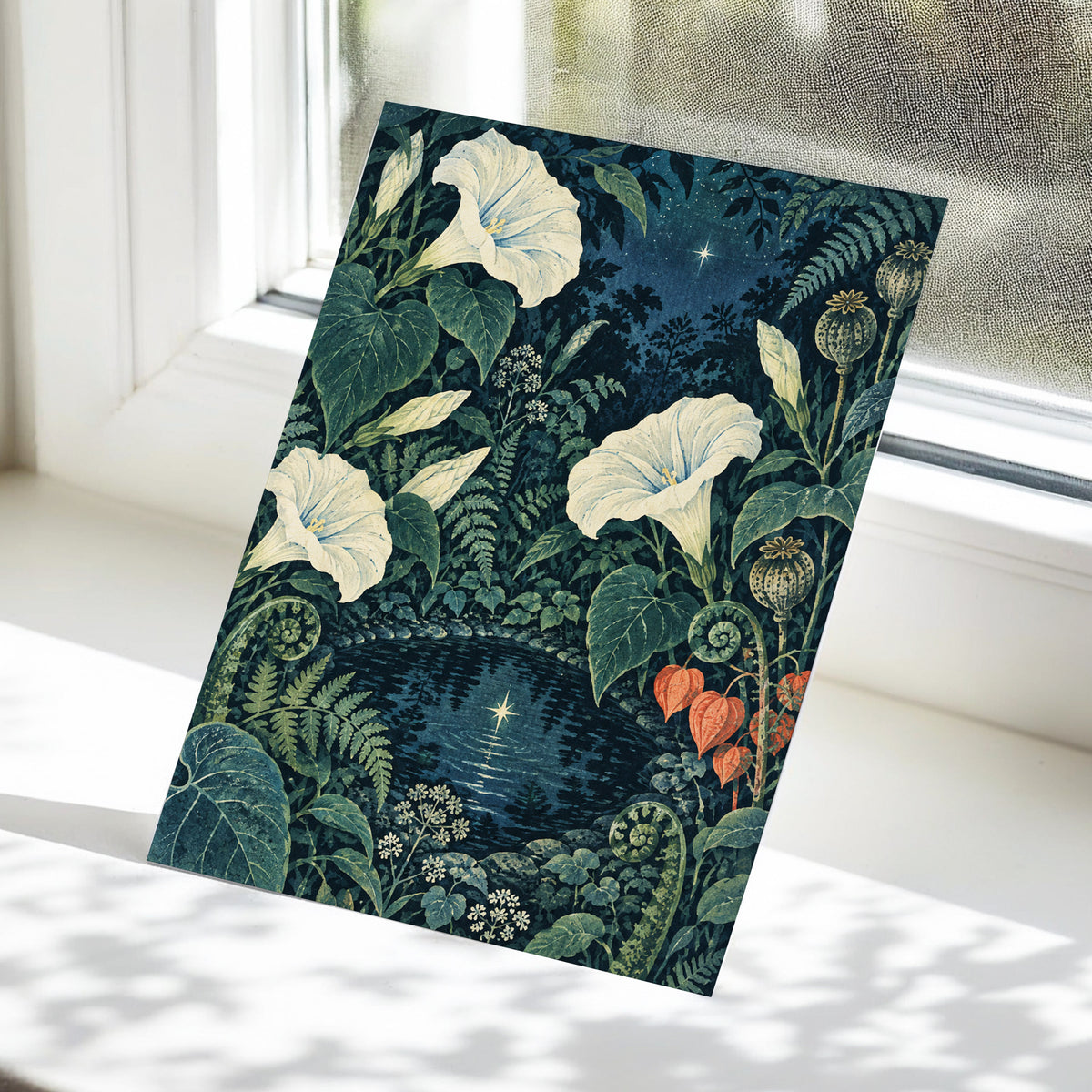 Starlit Botanical Pool, blue, green, beige floral wall art displayed in a styled interior, gallery view 5
