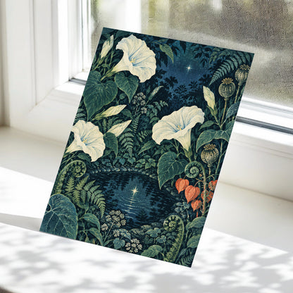 Starlit Botanical Pool, blue, green, beige floral wall art displayed in a styled interior, gallery view 5