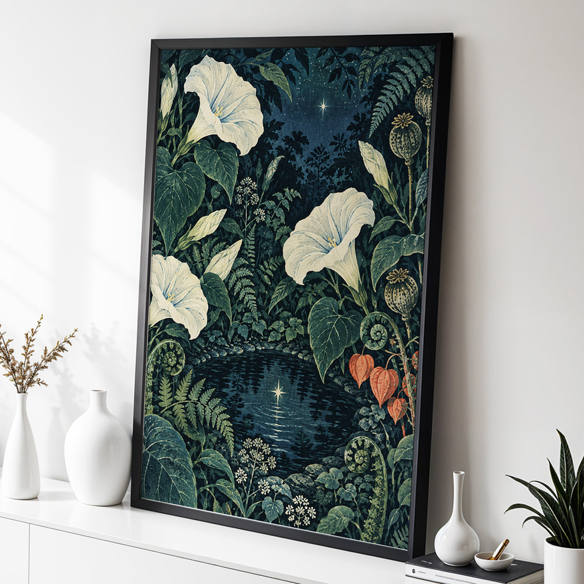 Starlit Botanical Pool, blue, green, beige floral wall art displayed in a styled interior, gallery view 6