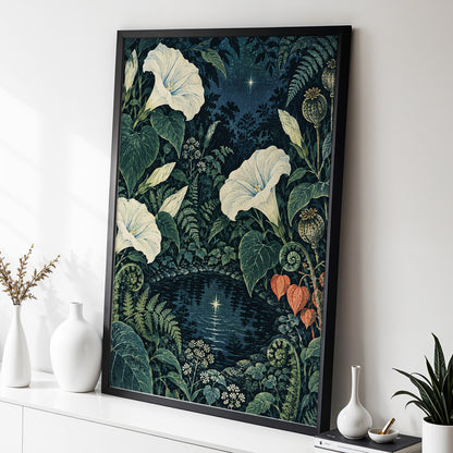 Starlit Botanical Pool, blue, green, beige floral wall art displayed in a styled interior, gallery view 6