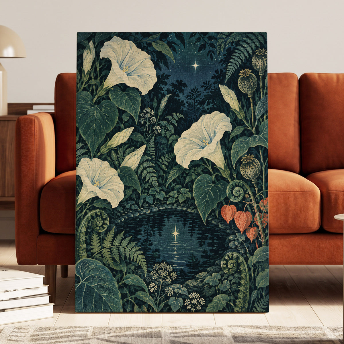 Starlit Botanical Pool, blue, green, beige floral wall art displayed in a styled interior, gallery view 7