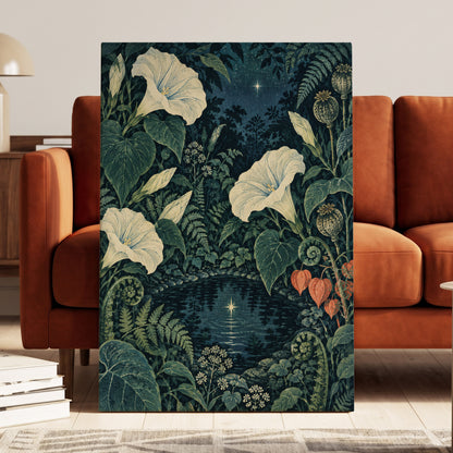 Starlit Botanical Pool, blue, green, beige floral wall art displayed in a styled interior, gallery view 7
