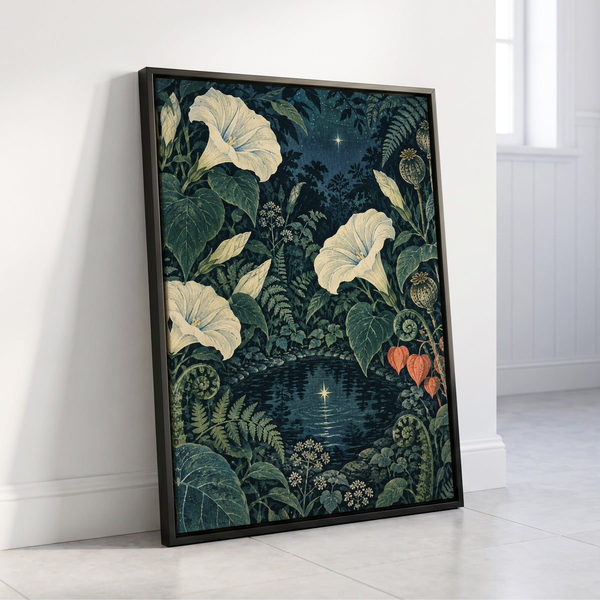 Starlit Botanical Pool, blue, green, beige floral wall art displayed in a styled interior, gallery view 8