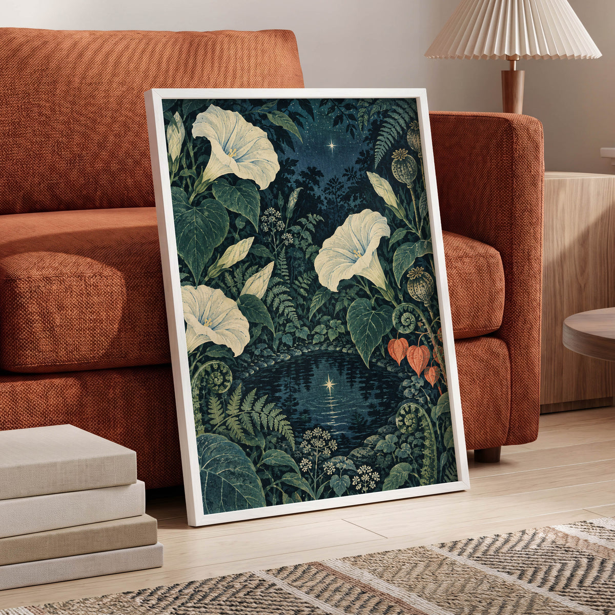 Starlit Botanical Pool, blue, green, beige floral wall art displayed in a styled interior, gallery view 9