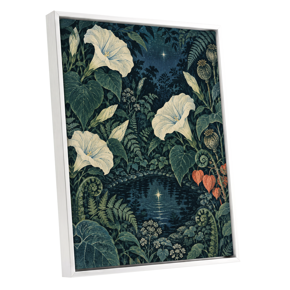 Starlit Botanical Pool, blue, green, beige floral wall art shown as a white framed canvas wall art