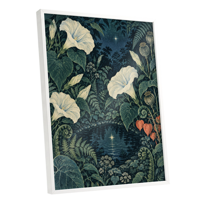 Starlit Botanical Pool, blue, green, beige floral wall art shown as a white framed poster wall art print
